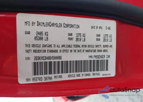 2006 Dodge Charger Rt z USA, uszkodzony, nr VIN 2B3KA53H06H500086